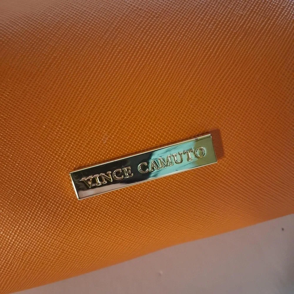 Womens Vince Camuto make up bag orange textured gold logo make up bag